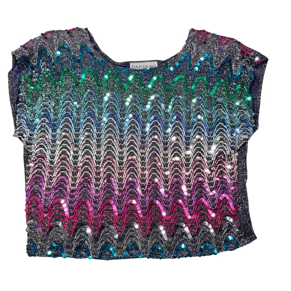 Vintage Caribou Sequin‎ Metallic Top Shoulder Pads Rainbow Disco Glam Large